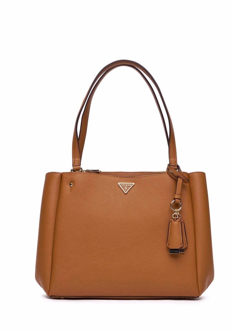 Borsa a tracolla tan con doppio manico, forma strutturata, pelle sintetica liscia, accessori in metallo dorato con logo e un piccolo tag staccabile.