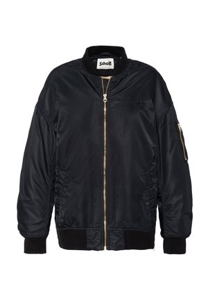 Czarna bomberka z gładkiego, błyszczącego materiału z kapturem, złotym suwakiem oraz prążkowanymi mankietami i dołem. Posiada boczne kieszenie oraz luźny krój.