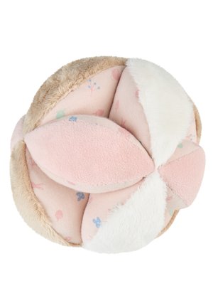 Soft fabric ball toy with pastel pink, beige, and white floral-patterned segments in a rounded, petal-like design.