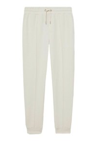 Pantaloni de trening bej deschis, confecționați dintr-un material moale, având un tiv elastic cu șnur, buzunare laterale și detalii de cusătură în contrast.