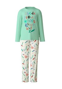 Maglia da pigiama a maniche lunghe color verde menta con stampa di lettere colorate e matite; pantaloni crema con forniture scolastiche in vari colori.