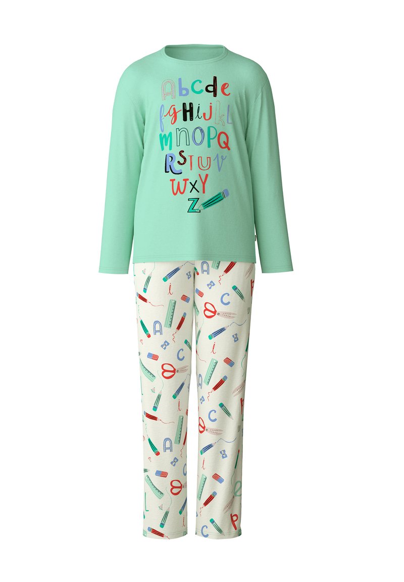 Maglia da pigiama a maniche lunghe color verde menta con stampa di lettere colorate e matite; pantaloni crema con forniture scolastiche in vari colori.