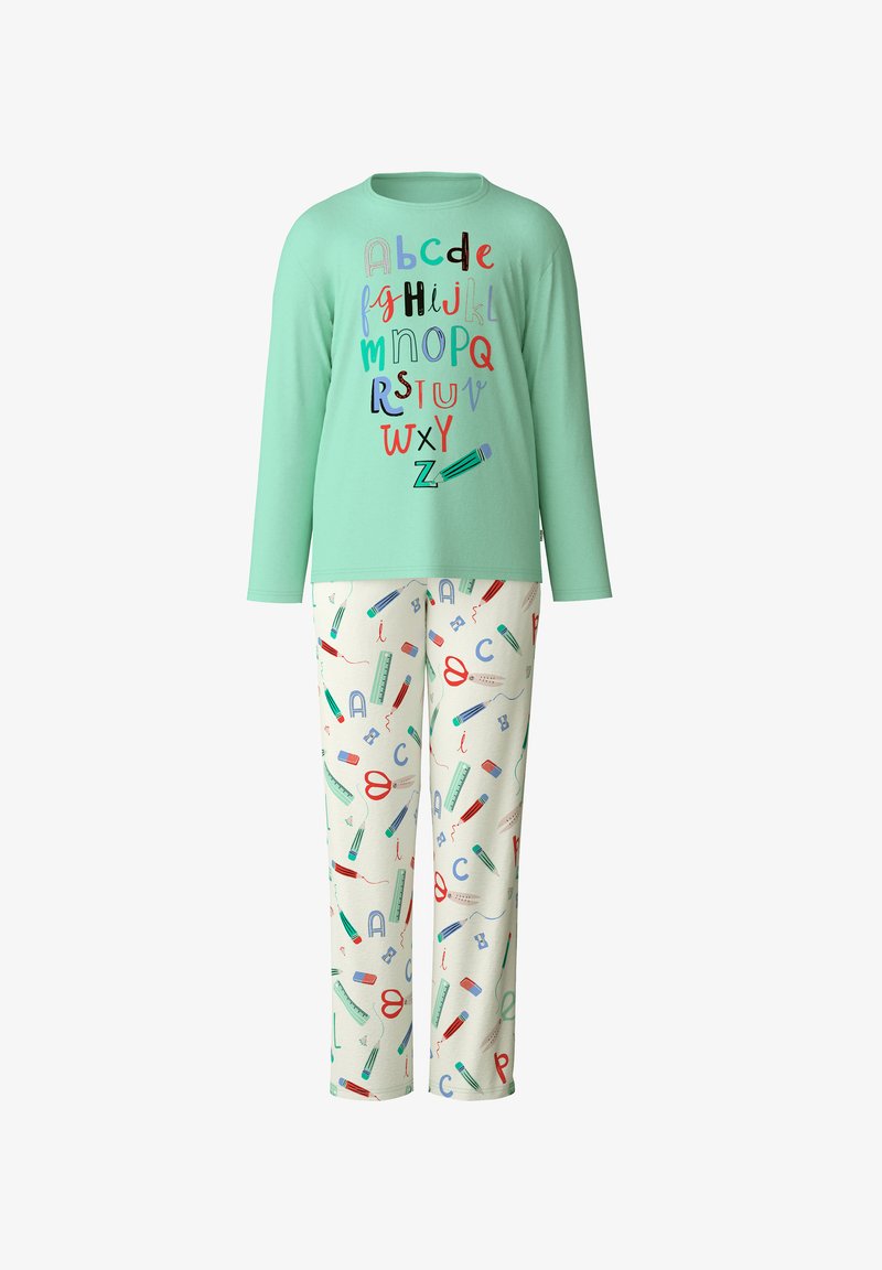 Long-sleeve mint green pajama top with colorful letters and pencil print; cream pants featuring school supplies in various colors.