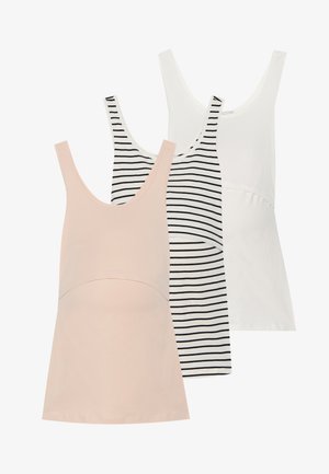 Trīs kokvilnas topi: viens vienkrāsains gaiši rozā, viens balts ar plānām melnām svītrām un viens vienkrāsains balts. Ar apaļu kakla izgriezumu.