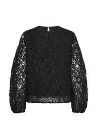 Crna čipkana bluzica s dugim prozirnim rukavima, cvjetnim uzorkom, okruglim izrezom i detaljem na leđima u obliku ključa koji se zakopčava gumbom.