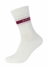 Hvide bomuldsstrømper med ribbet tekstur og en maroon og pink stribet kant med mærkenavnet "s.Oliver" i midten.