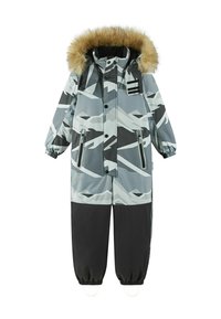 Szaro-czarny wodoodporny kombinezon zimowy z kapturem wykończonym futrem, geometrycznym wzorem, dużymi przednimi kieszeniami oraz elastycznymi mankietami zapewniającymi pewne dopasowanie.