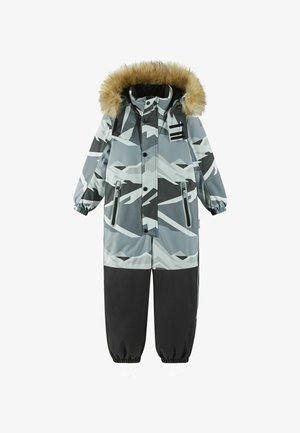 Szaro-czarny wodoodporny kombinezon zimowy z kapturem wykończonym futrem, geometrycznym wzorem, dużymi przednimi kieszeniami oraz elastycznymi mankietami zapewniającymi pewne dopasowanie.
