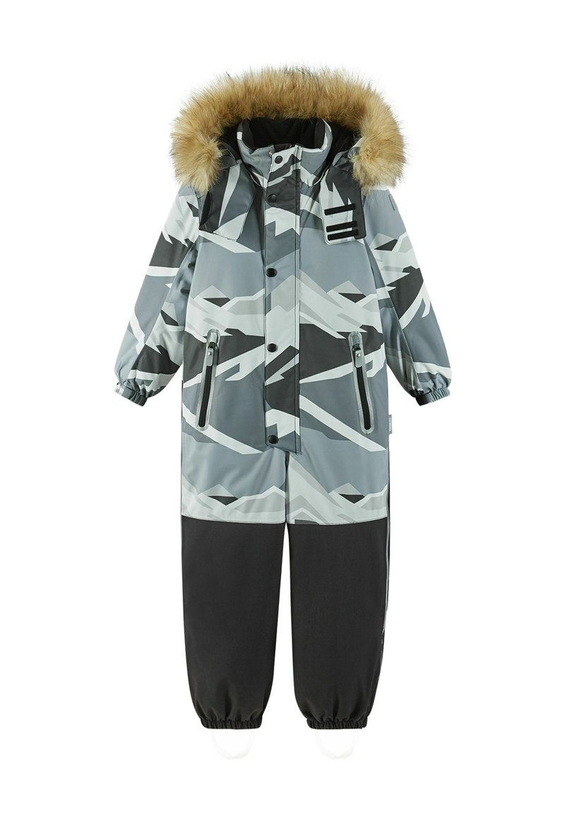Szaro-czarny wodoodporny kombinezon zimowy z kapturem wykończonym futrem, geometrycznym wzorem, dużymi przednimi kieszeniami oraz elastycznymi mankietami zapewniającymi pewne dopasowanie.