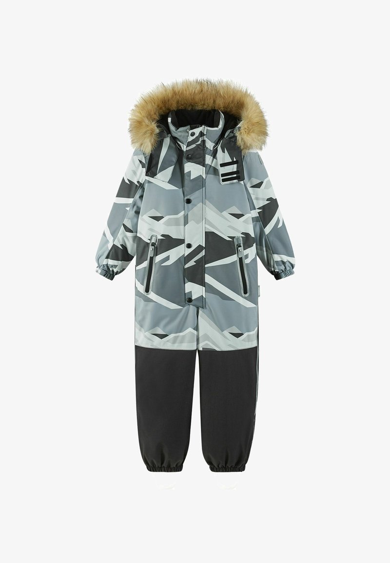 Szaro-czarny wodoodporny kombinezon zimowy z kapturem wykończonym futrem, geometrycznym wzorem, dużymi przednimi kieszeniami oraz elastycznymi mankietami zapewniającymi pewne dopasowanie.
