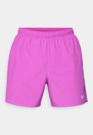 Pink athletic shorts with an elastic waistband, smooth texture, and a small white Nike logo on the lower side.