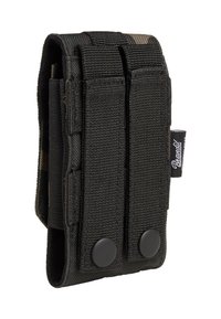 Portaoggetti multi-tasche in nylon nero con due chiusure a bottone, cuciture rinforzate e un anello per un facile attacco.