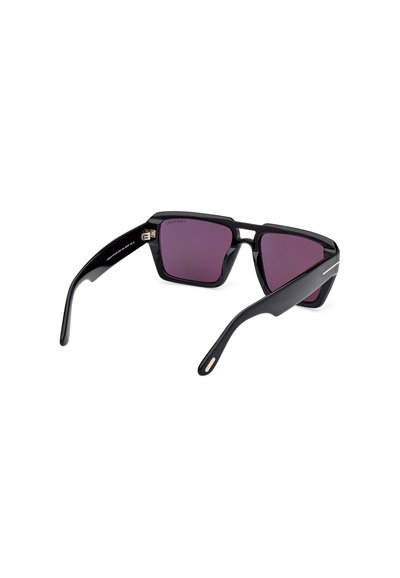 Black rectangular sunglasses with purple lenses and a matte finish. Features sleek temple tips and a subtle metallic accent on the frame.