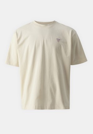 Crèmekleurig katoenen T-shirt met korte mouwen. Bevat een klein driehoekig logo op de borst. Casual ontwerp met een ronde hals.