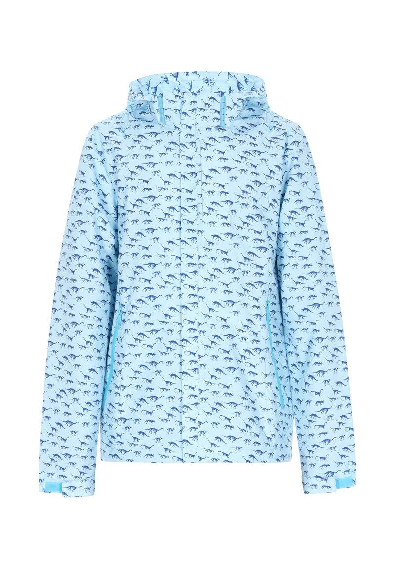 Jasnoniebieska kurtka z nadrukiem ciemnoniebieskich dinozaurów. Posiada kaptur, zamek błyskawiczny oraz elastyczne mankiety dla zapewnienia dopasowania.