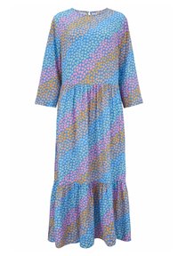 Modré midi šaty s diagonálními pruhy malých srdíček v růžové, oranžové a světle modré barvě, s 3/4 rukávy a nařaseným volánkovým lemem.