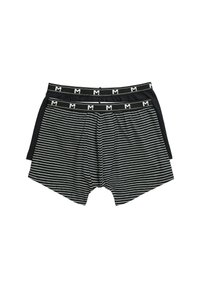 Boxer neri e grigi a righe con vita elastica nera caratterizzata da un logo ripetuto. Tessuto morbido con taglio standard da boxer.