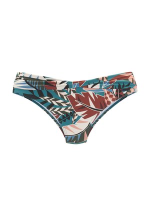 Madala vöölõikega bikiinipõhjad kortsudega külgedel, millel on erk värviline troopiliste lehtede muster türkiissinises, roostes, roosas ja valges.