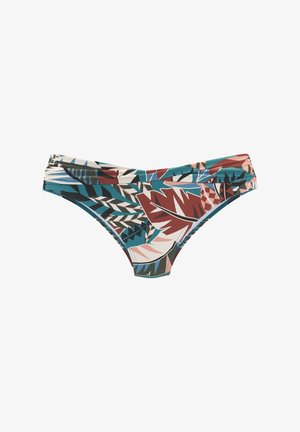 Bikini spodnjice z nizkim pasom in nabranimi stranicami, okrašene s pisanim tropskim motivom listov v barvah modrozeleno, rjavo-rjavo, rožnato in belo.