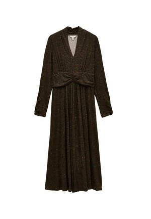 Black dress with long sleeves, deep V-neck, gathered twist detail at the waist, and a flowing skirt featuring a subtle, multicolored speckled pattern.