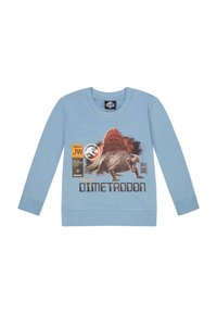 Lichtblauwe sweatshirt met lange mouwen, voorzien van een afbeelding van een Dimetrodon, oranje en bruine accenten, en bedrukte tekst aan de onderkant.
