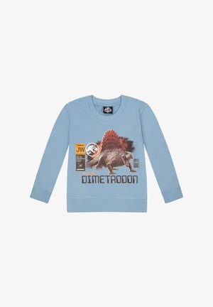 Hellblaues Sweatshirt mit langen Ärmeln, das einen Grafikdruck eines Dimetrodon zeigt, mit orangefarbenen und braunen Akzenten sowie bedrucktem Text am unteren Rand.
