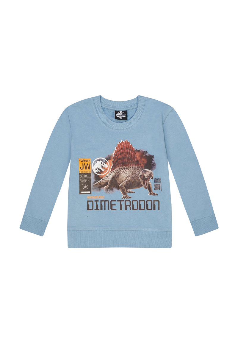 Lichtblauwe sweatshirt met lange mouwen, voorzien van een afbeelding van een Dimetrodon, oranje en bruine accenten, en bedrukte tekst aan de onderkant.