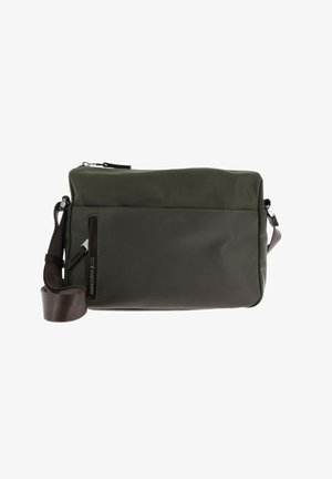Sac messager rectangulaire vert foncé en matériau synthétique lisse. Comprend une poche zippée à l'avant et une sangle en tissu ajustable.