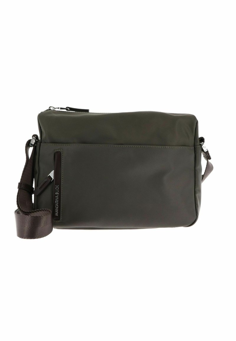 Sac messager rectangulaire vert foncé en matériau synthétique lisse. Comprend une poche zippée à l'avant et une sangle en tissu ajustable.