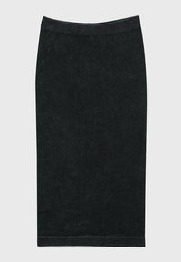 Jupe crayon noire à côtes avec un design ajusté, une taille élastique et une lignée propre. Fabriquée à partir d'un tissu texturé.
