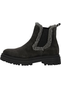 Schwarze Wildleder-Stiefeletten mit einem kuscheligen grauen Kragen, elastischen Seiteneinsätzen und einer dicken, gerippten schwarzen Gummisohle.