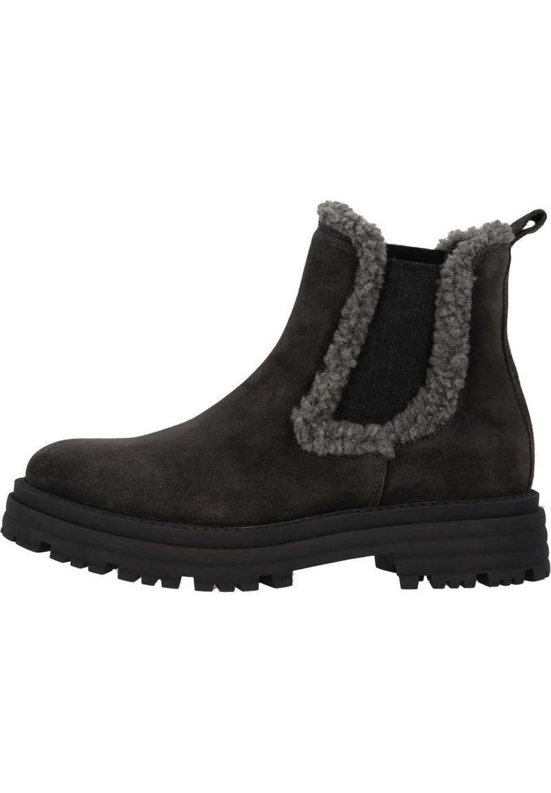 Schwarze Wildleder-Stiefeletten mit einem kuscheligen grauen Kragen, elastischen Seiteneinsätzen und einer dicken, gerippten schwarzen Gummisohle.