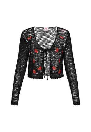 Fekete horgolt kardigán, V-nyakkivágással, hosszú ujjal és nyakkendő zárással, piros virágmintás hímzéssel díszítve.