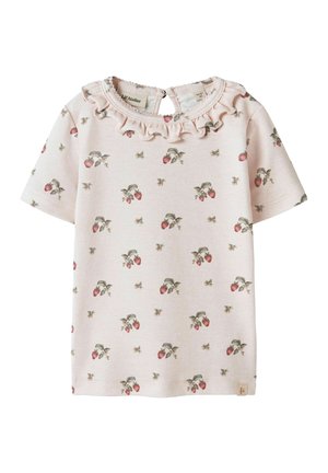 Hellrosa Kleinkindshirt mit kurzen Ärmeln, gerafftem Kragen und kleinem Erdbeer- und Bienenmuster überall.
