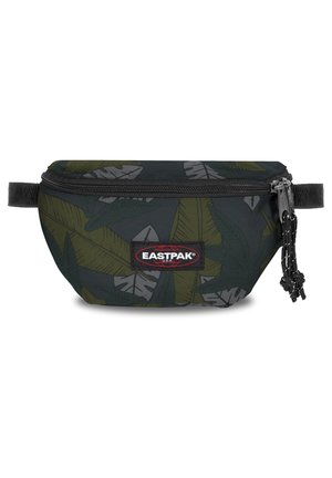 Kompakt Eastpak-mavetaske med sort, grøn og grå bladmønster, sort lynlås og mærket frontpatch.