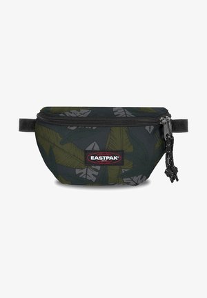 Riñonera compacta de Eastpak con patrón de hojas en negro, verde y gris, cremallera negra y parche frontal con la marca.