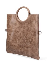 Borsa a spalla in finta pelle marrone con manico circolare superiore, forma piatta, superficie texturizzata e due accenti metallici sui lati.
