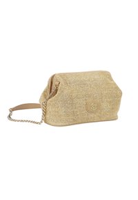 Borsa a tracolla in maglia dorata con un esterno testurizzato, un accento del logo dorato e una tracolla a catena. Presenta una forma strutturata con chiusura a zip.