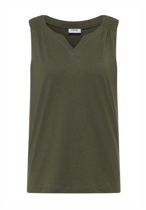 Haut sans manches vert olive avec encolure élastiquée décolletée et petite découpe en V au col avant.