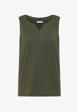 Bezrękawowy oliwkowo-zielony top z elastycznym, odkrytym dekoltem i małym wycięciem w kształcie litery V na przednim kołnierzu.