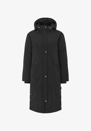 Palton izolat negru cu glugă, având închidere cu fermoar și capse, buzunare laterale și detalii cu capse pe margine. Textură de țesătură fină.