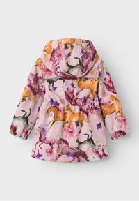 Pink outerwear featuring a floral and horse print, with a hood, gathered waist, and elastic cuffs. Smooth texture.