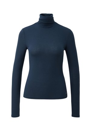 Granatowy obcisły golf z długim rękawem o gładkiej fakturze, prezentowany na białym tle.