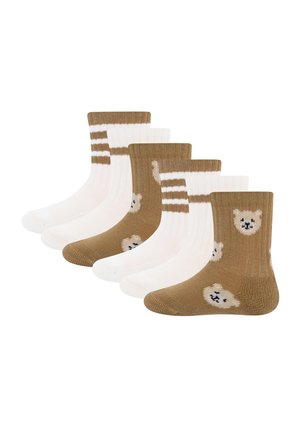 Sechs Paare Kindersocken, abwechselnd braun mit Teddybär-Gesichtern und weiß mit braunen Streifen, nebeneinander angeordnet.