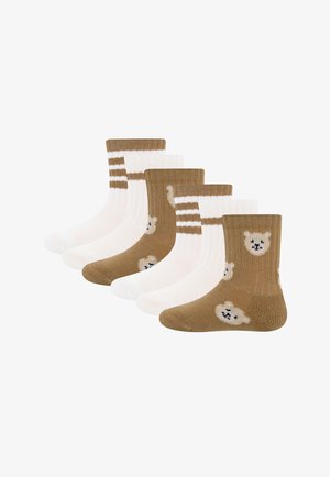 Six pairs of children's socks, alternating brown with teddy bear faces and white with brown stripes, arranged side by side.