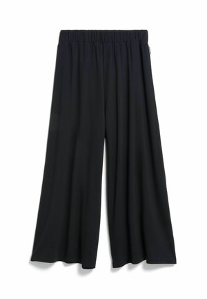 Black wide-leg pants with elastic waistband, made of soft, flowy fabric, displayed flat on a white background.
