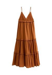 Robe longue orange en tissu léger, avec un décolleté en V, de fines bretelles réglables et des couches de volants au niveau de l'ourlet.