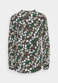 Blusa a manica lunga con un motivo floreale nero, caratterizzata da fiori bianchi e verdi. Tessuto leggero con una vestibilità ampia e scollatura rotonda.
