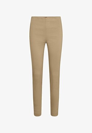 Beige maßgeschneiderte Hose mit slim Fit, ausgestattet mit einem Reißverschluss, glatter Textur und ohne sichtbare Taschen oder Muster.