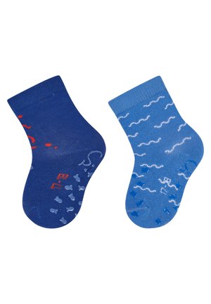 Knee-high socks in dark blue and light blue. The dark blue sock features red accents and patterns; the light blue has white wave patterns.